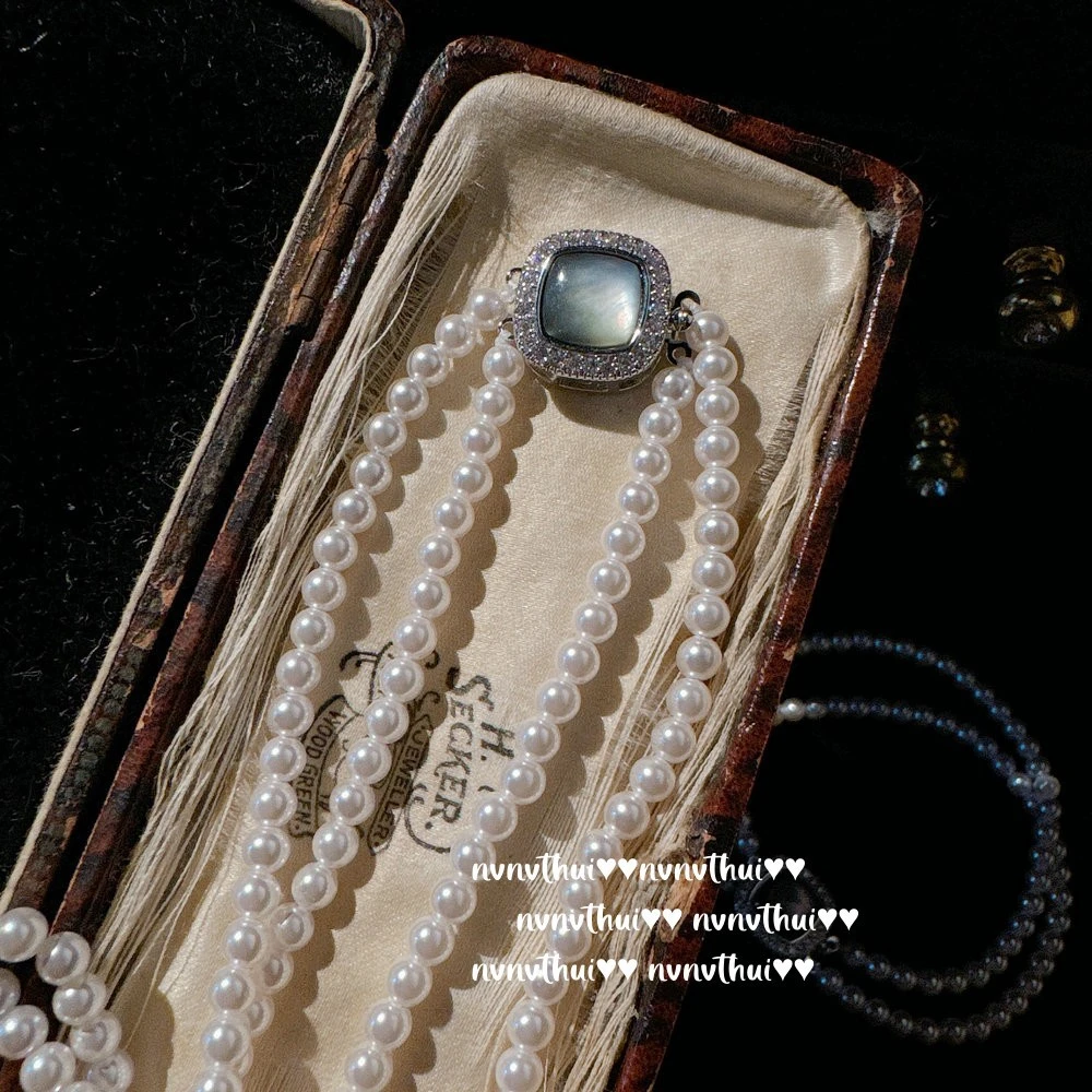 铜合金合成锆石项链 气质时尚 703 锆石灰BEI母双层白珠珠项链