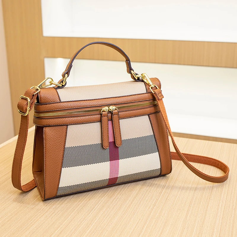 时尚轻奢印花女士格子手提包百搭单肩斜跨小方包高档气质女包