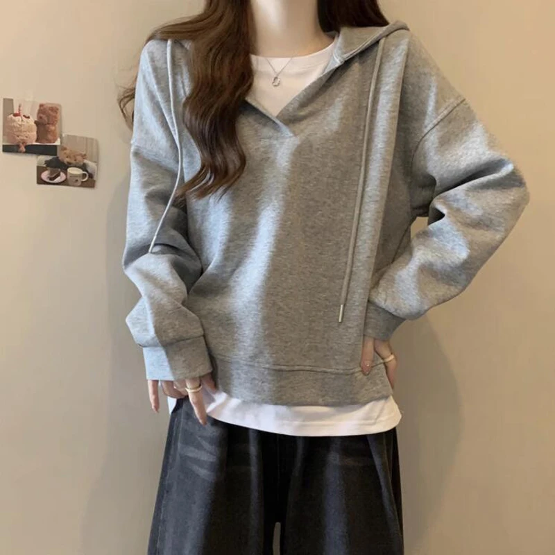 慵懒风连帽卫衣女秋季秋冬休闲显瘦学生外套灰色上衣百搭潮薄款