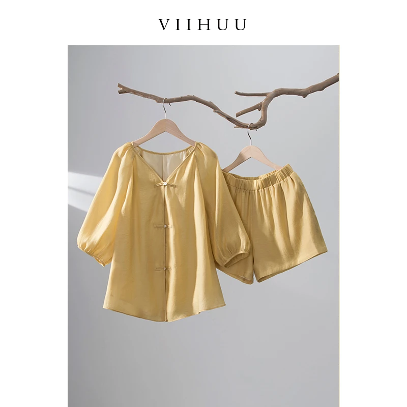 未休【松间月】莱赛尔天丝新中式国风轻薄款短袖+短裤女装套装