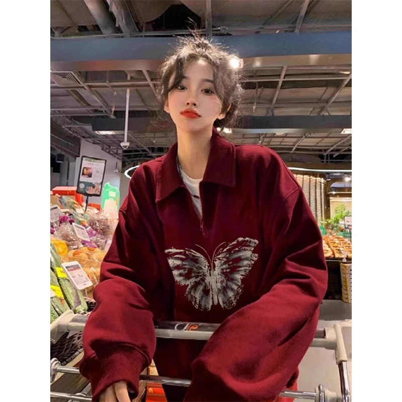 8897#酒红色polo领半拉链卫衣女秋冬加绒oversize宽松韩版上衣ins