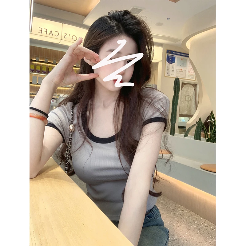 8157#正肩短袖T恤女夏季法式设计感简约拼色短款小众甜辣妹上衣服