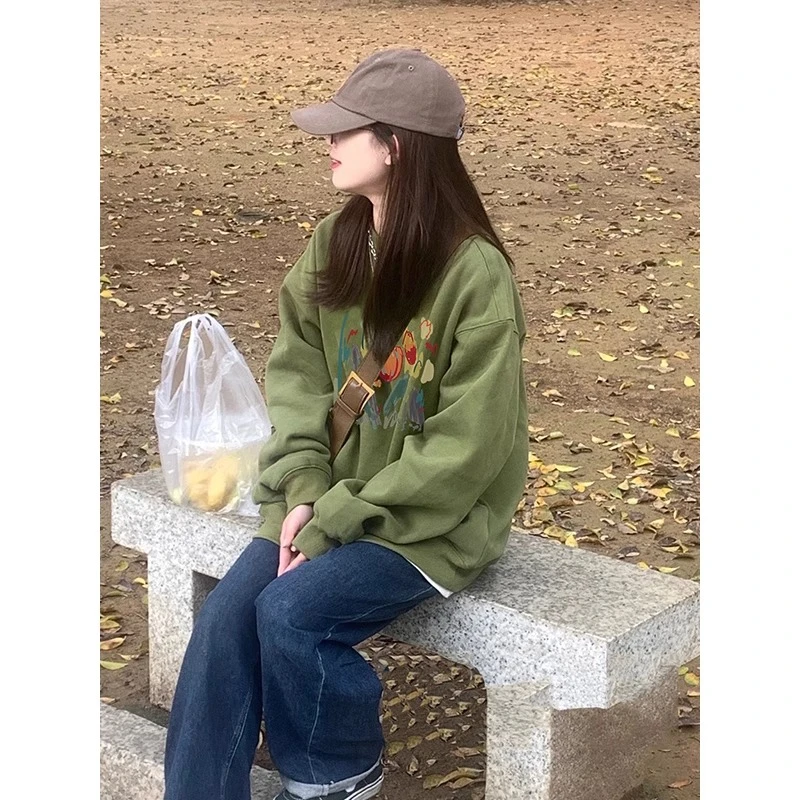 设计感森林绿色圆领卫衣女春秋季薄款oversize潮牌小众百搭上衣服