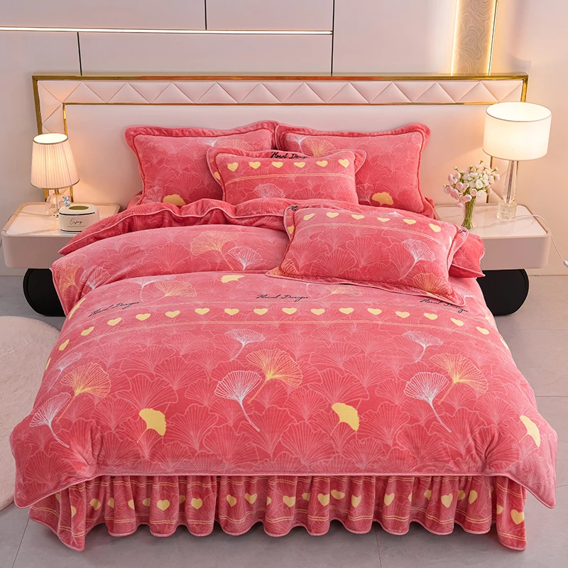 秋冬加厚牛奶绒印花床裙款四件套保暖双面绒加厚被套床单抗静电