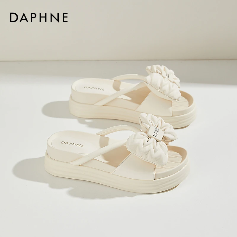 达芙妮拖鞋女甜美风中跟平底蝴蝶结外穿2025夏季新款舒适百搭凉拖