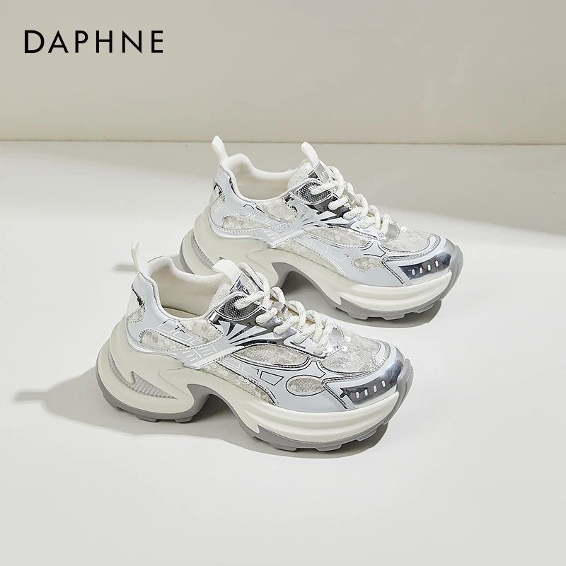 达芙妮蕾丝刺绣网面运动休闲鞋女2025新款秋季厚底增高老爹鞋潮鞋