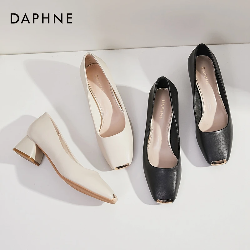 达芙妮粗跟单鞋女真皮牛皮2026新款春季浅口方头气质不累脚小皮鞋