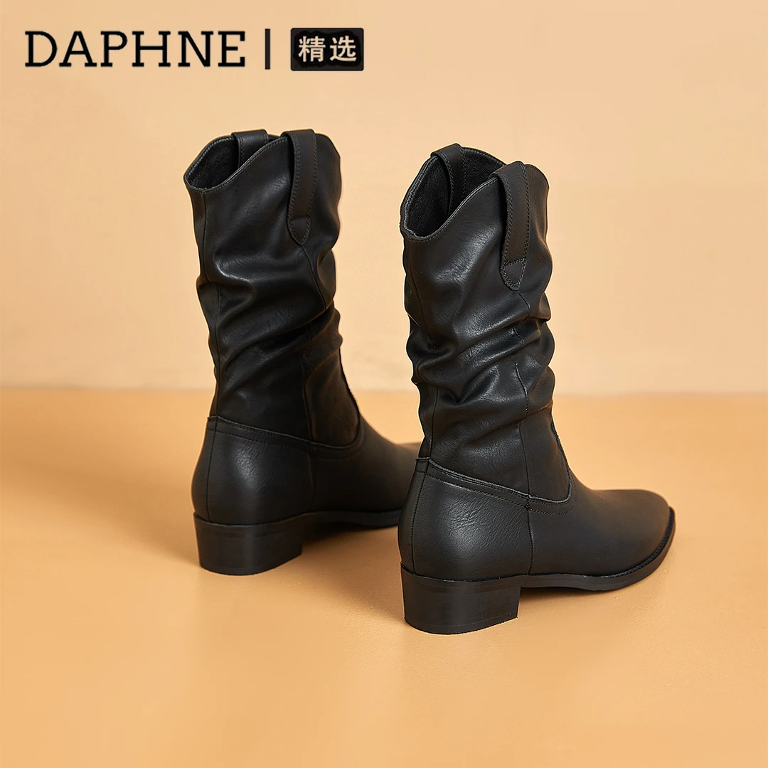 达芙妮尖头西部牛仔靴褶皱短靴中筒堆堆靴女2025冬季新款粗跟女靴