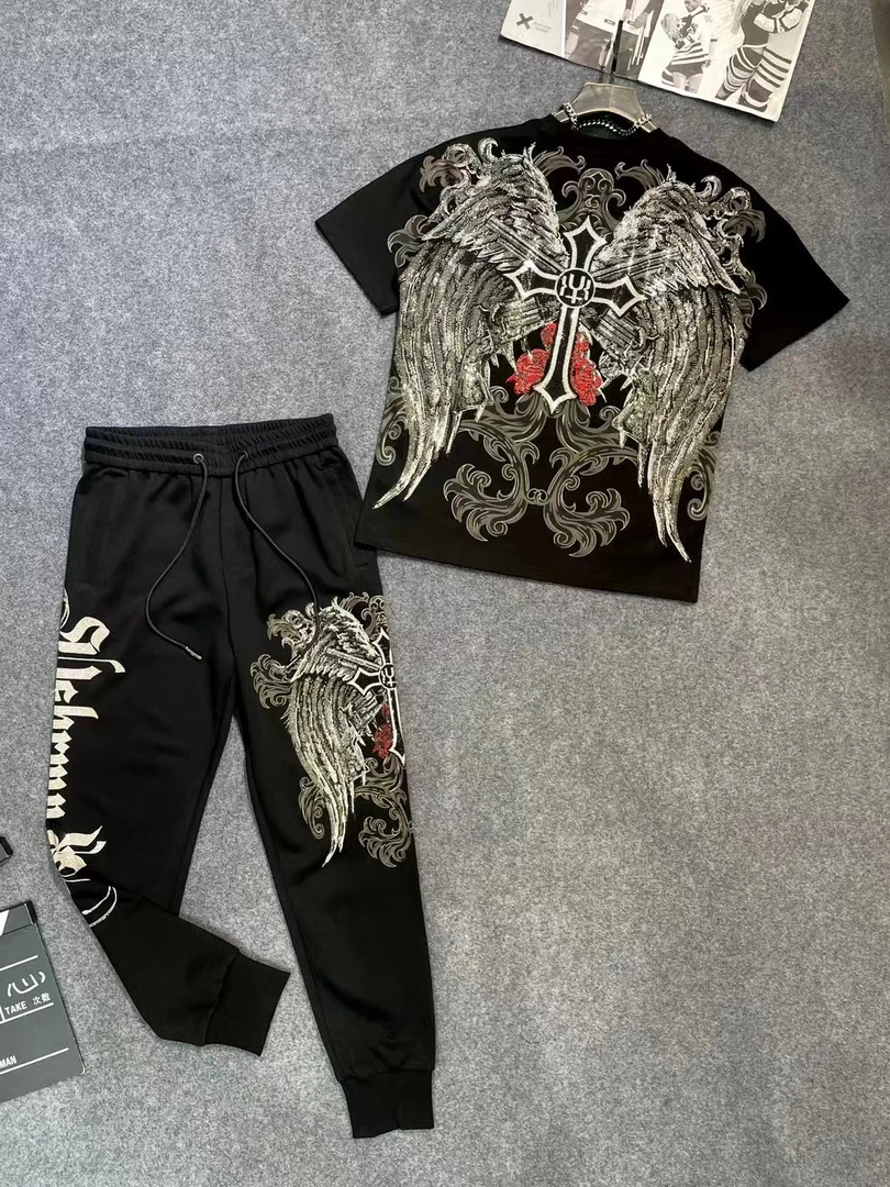 潮牌十字翅膀烫钻休闲百搭黑白圆领T恤1776