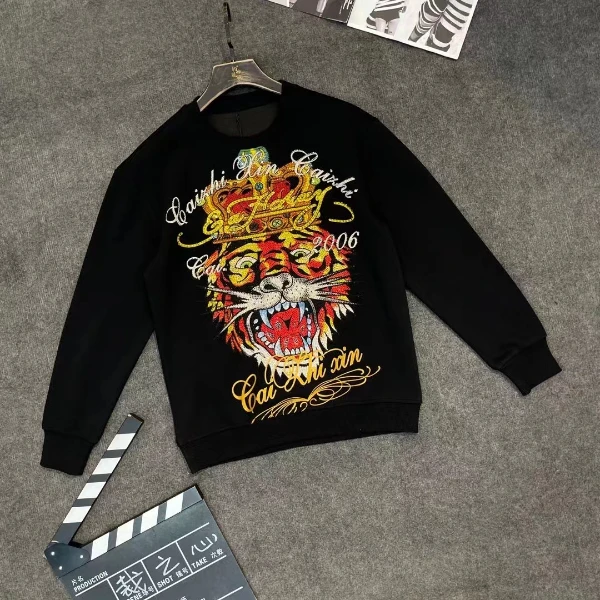 2025新款哈家彩色老虎烫钻卫衣重工满钻黑圆领时尚休闲潮流情侣88