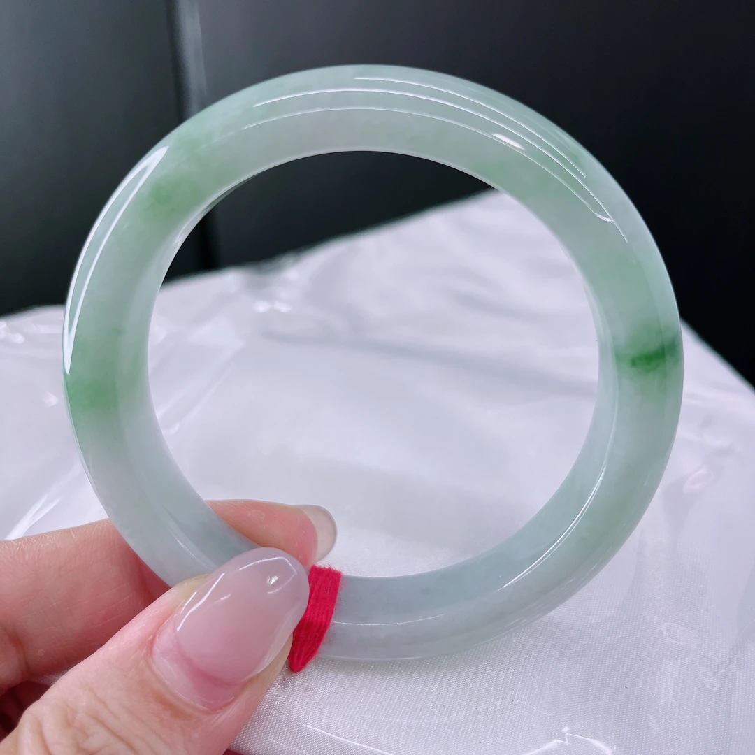 天然翡翠A货57圈冰糯种水润飘绿平安镯翡翠色青花绿精美女款手镯
