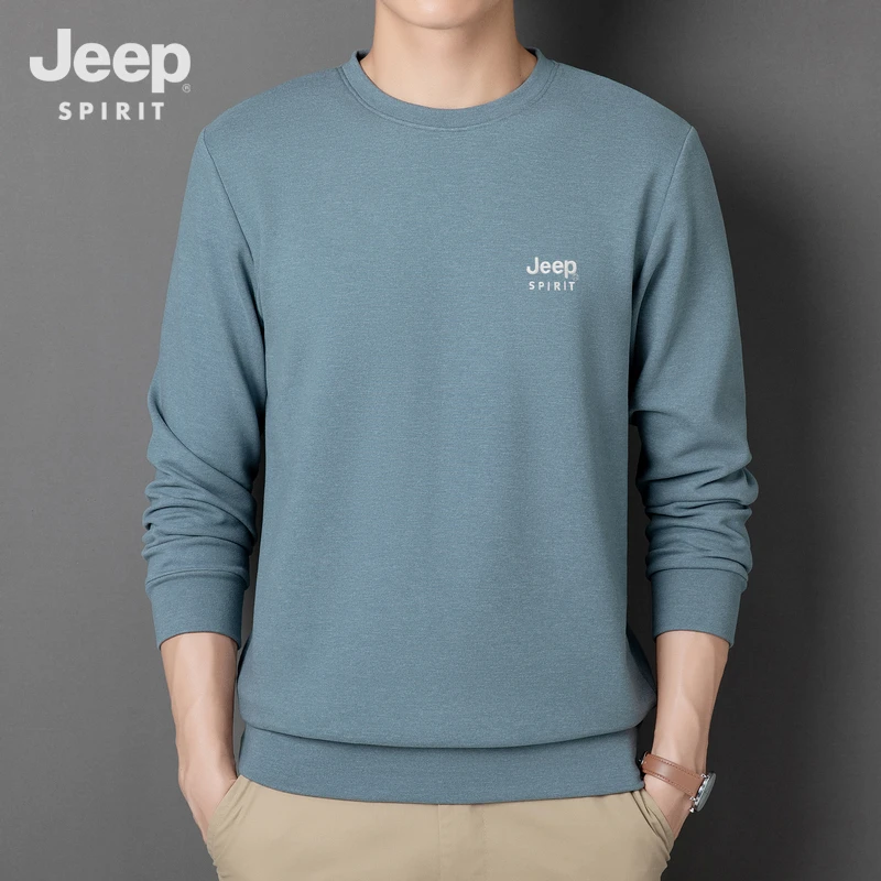 JEEP SPIRIT德绒卫衣男秋冬休闲套头打底衫中老年爸爸圆领长袖T恤