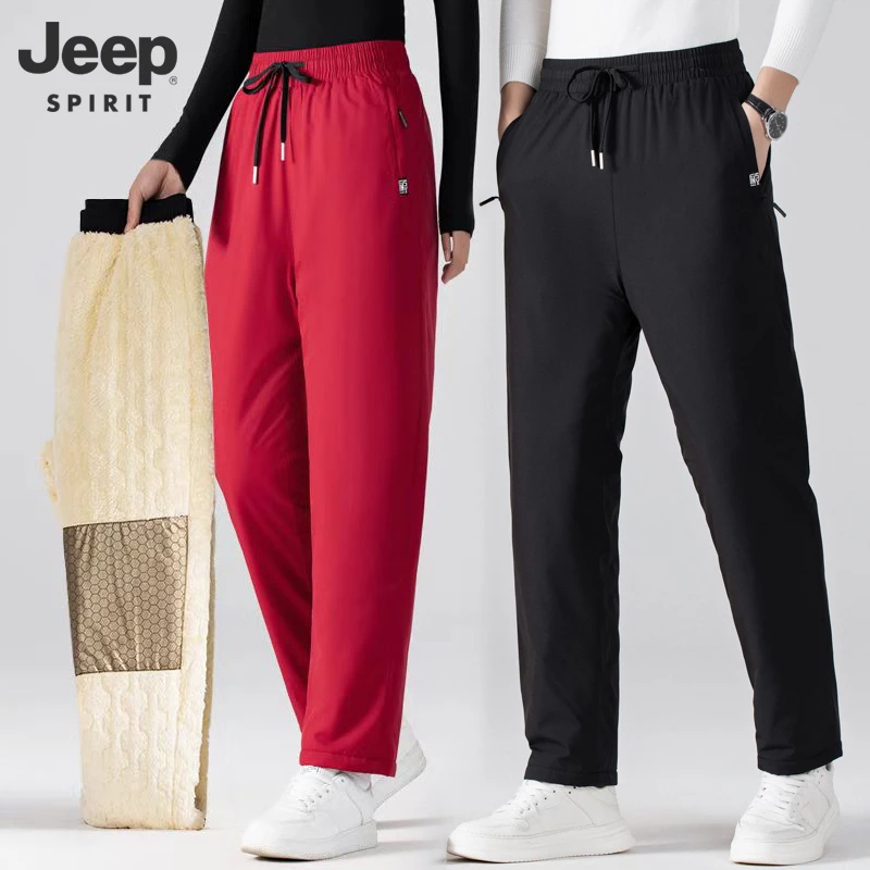 JEEPSPIRIT男女同款加绒加厚冬季户外运动休闲直筒防风保暖棉裤子