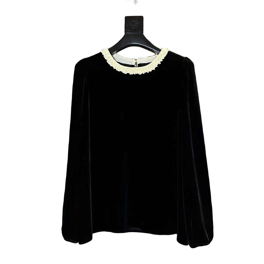 花边圆领100%桑蚕丝真丝丝绒上衣拼接蕾丝气质简约时尚百搭轻奢