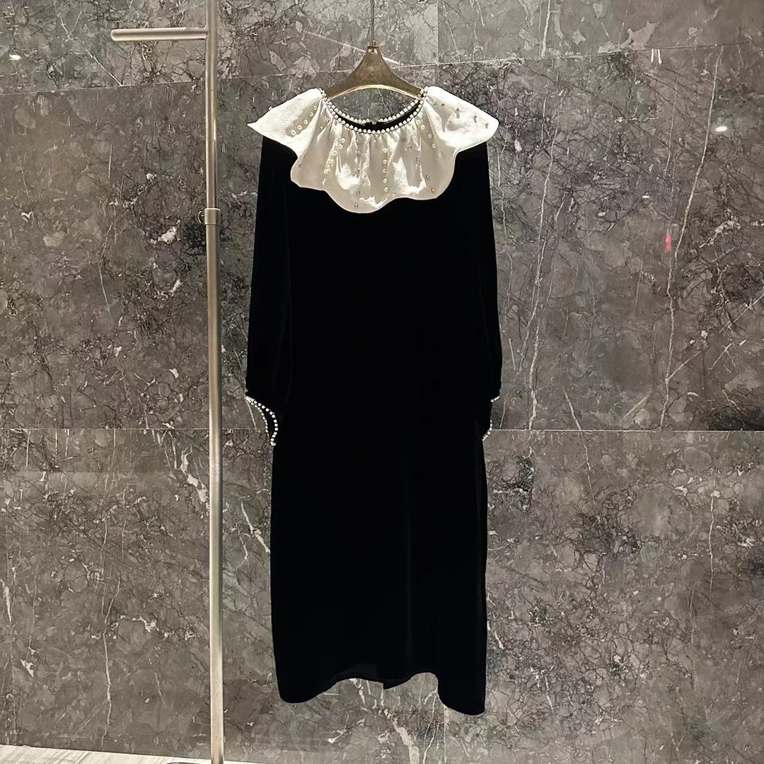 娃娃领钉珠高端100%桑蚕丝真丝丝绒连衣裙百搭法式显瘦时尚气质