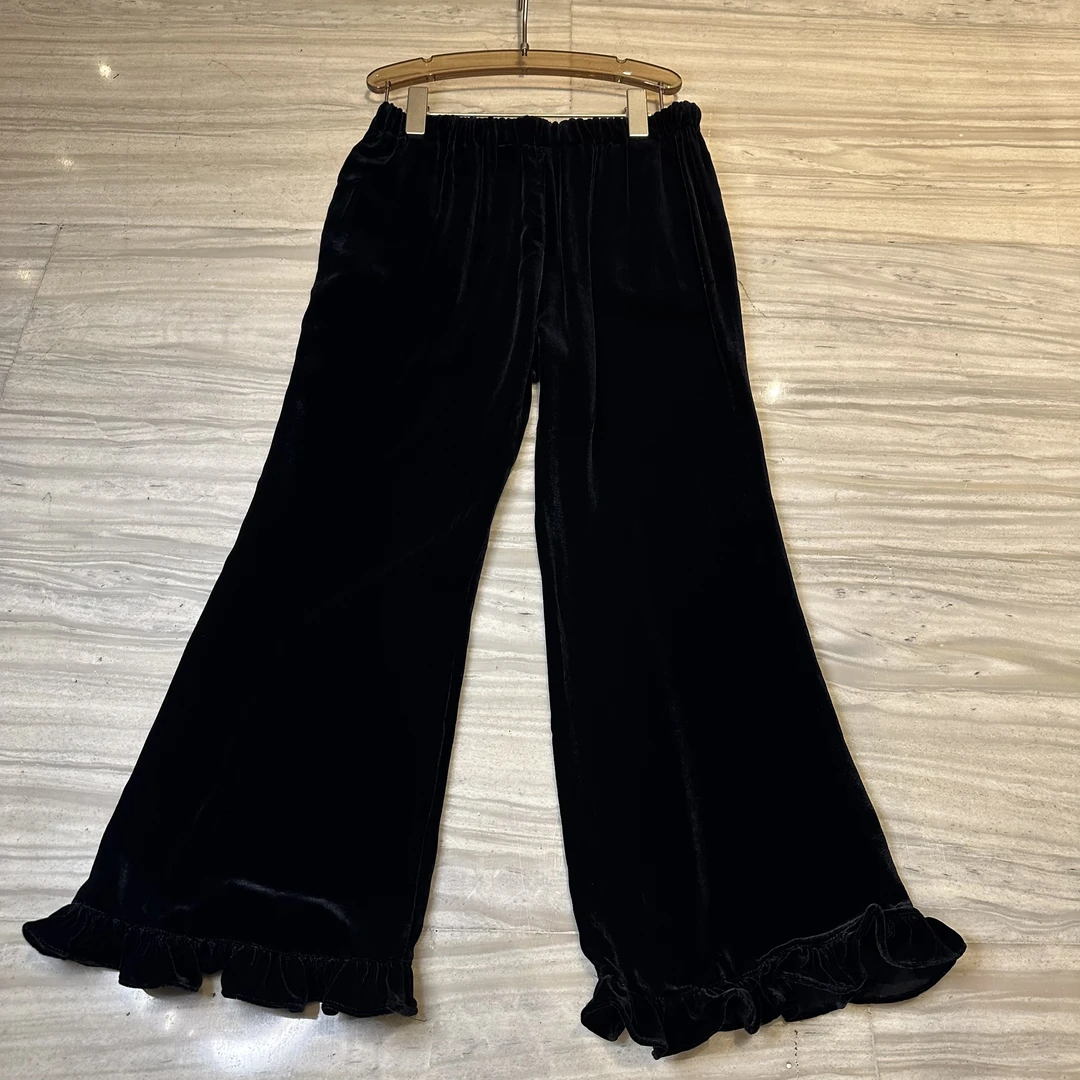 木耳边裤原创新品高端100%桑蚕丝真丝丝绒休闲裤