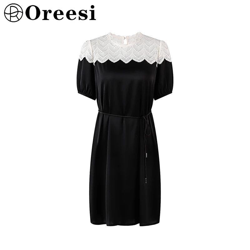 【Oreesi】蕾丝真丝双绉连衣裙黑色拼接气质女士镂空夏季设计师时尚