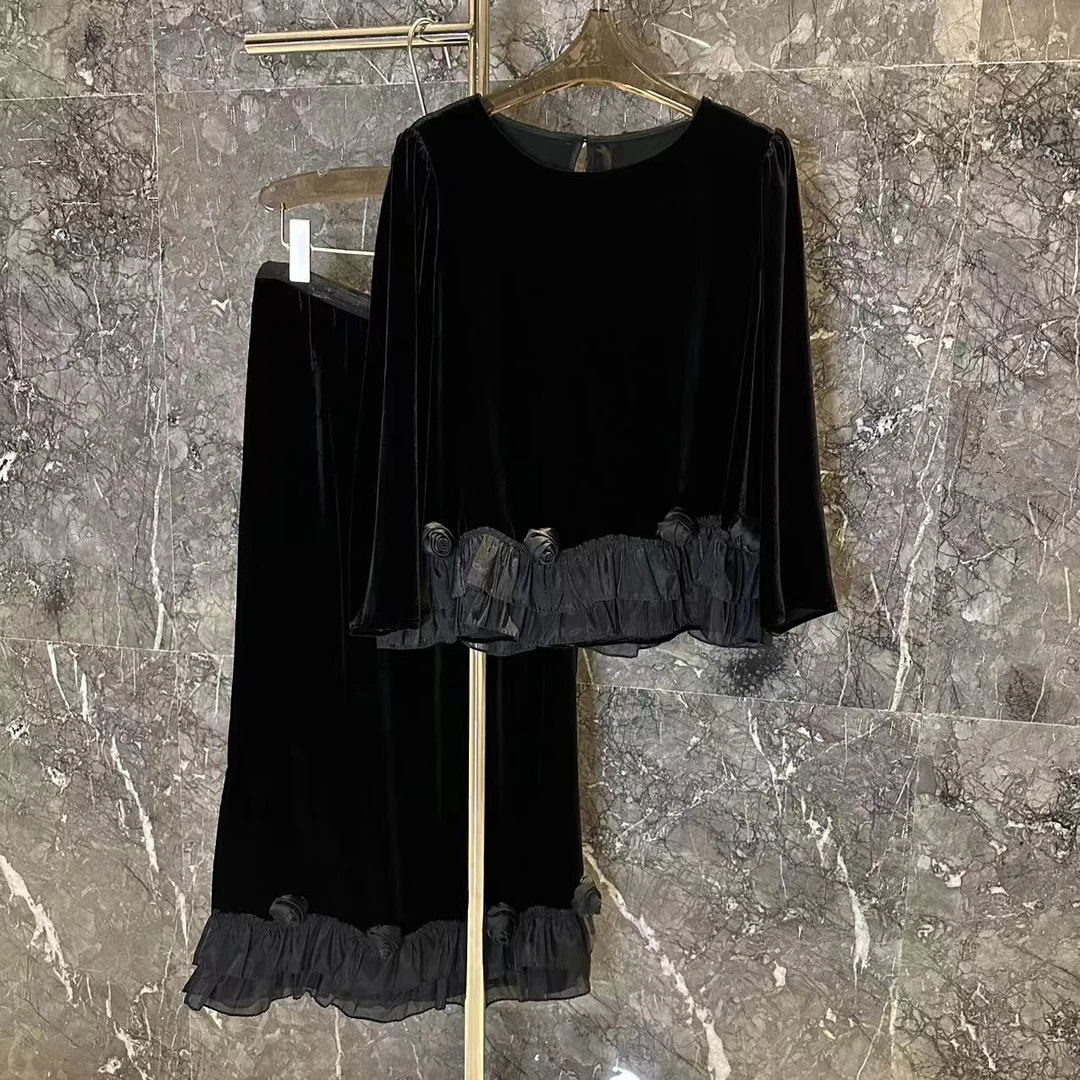 立体黑玫瑰设计师高端桑蚕丝真丝丝绒套装拼接时尚气质长袖