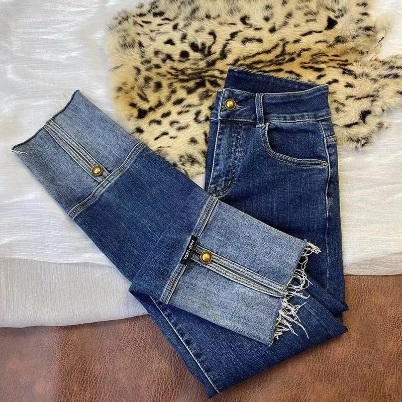 2023新款渐变蓝色高腰直筒牛仔裤女开衩秋冬新款显瘦烟管裤女裤