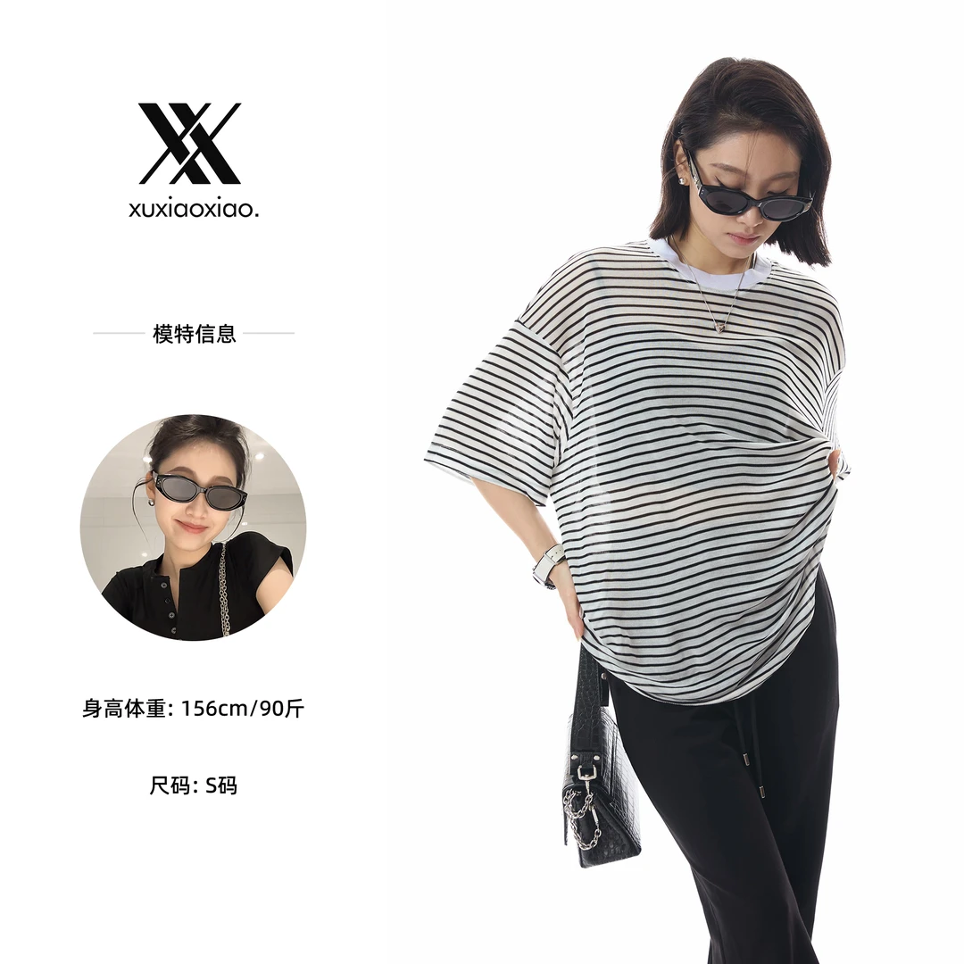 XIAOXIAO【时光线条】夏季款小个子凉感空调衫条纹休闲时尚宽松上衣