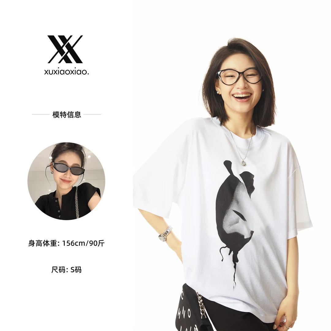 XIAOXIAO【光影印象】夏季微透凉感T恤小个子几何图案印花宽松短袖