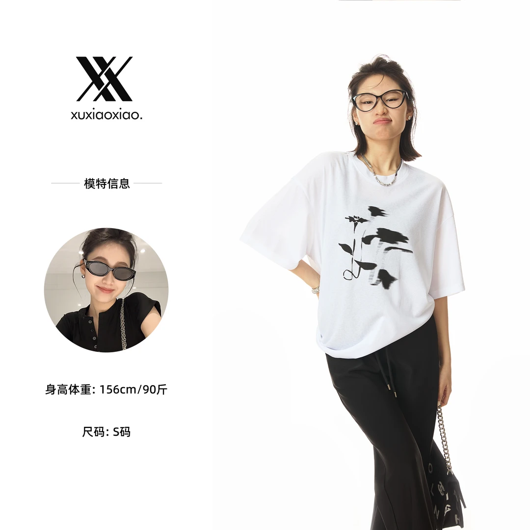 XIAOXIAO【光影玫瑰】夏季小个子凉感水墨菊花印花宽松圆领短袖T恤