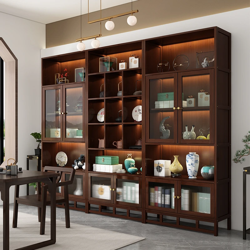 实木新中式玻璃博古架屏风置物架多宝阁古董摆件茶叶架带灯展示柜