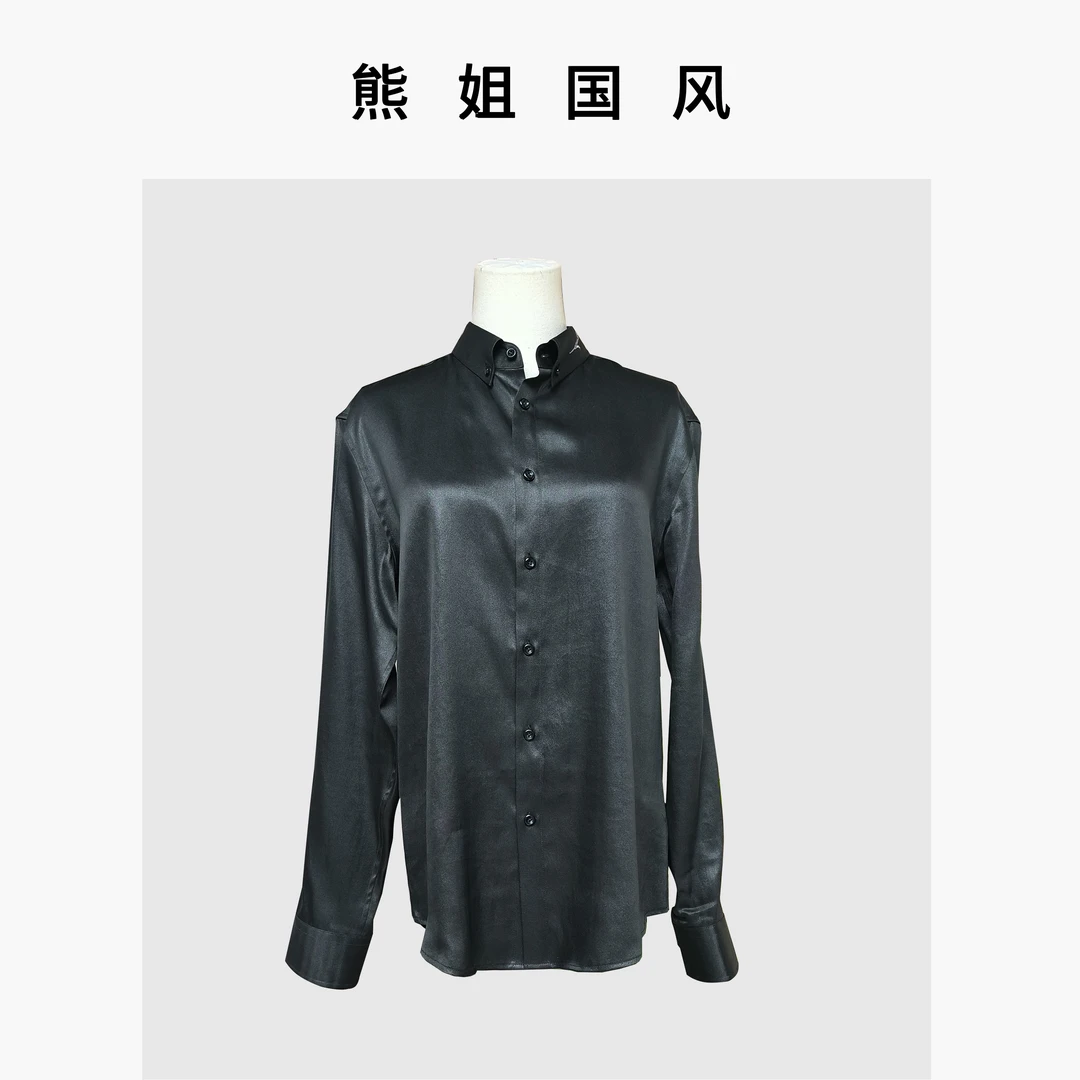 熊姐香云纱高端桑蚕丝黑色衬衫立领简约时尚夏季百搭衬衣33130136