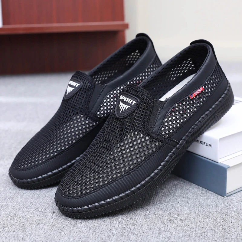 夏天老北京布鞋男网鞋透气网眼一脚蹬老人鞋牛筋软底中老年爸爸鞋