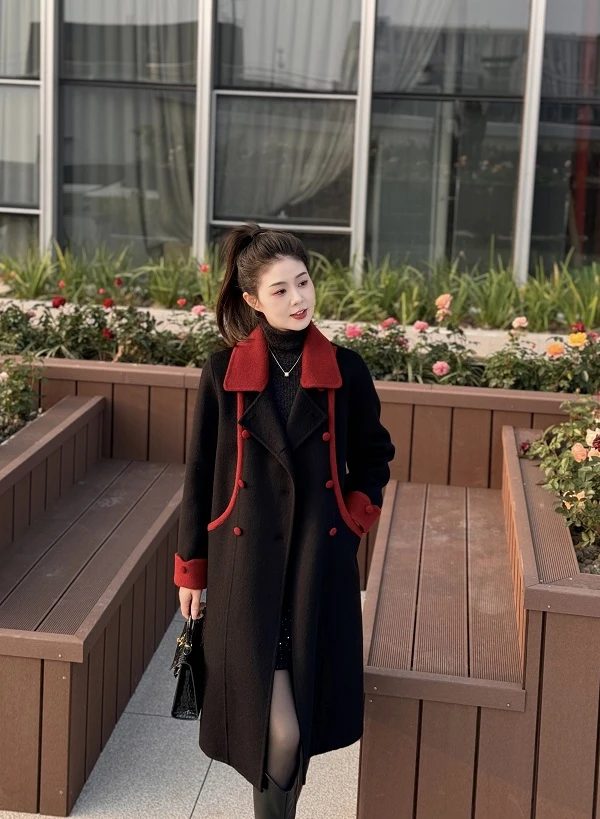 刘婷原创 2024冬季高端黑色双面羊绒大衣