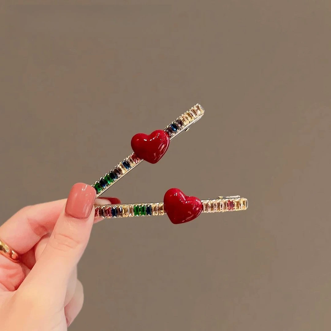 韩版甜美可爱红色爱心发夹百搭网红简约一字夹气质碎发刘海夹发卡