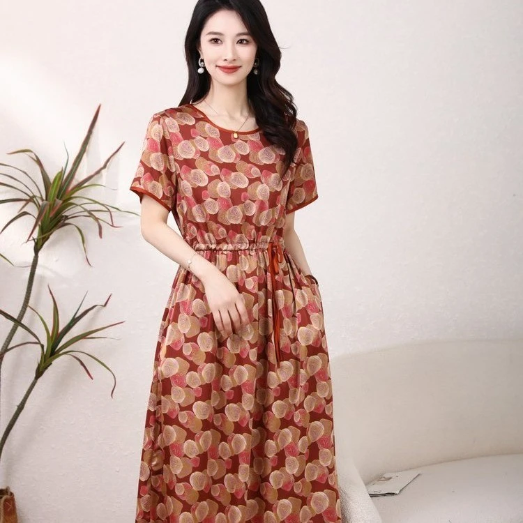 短袖宽松连衣裙女装连衣裙大码气质洋气时尚收腰高档连衣裙