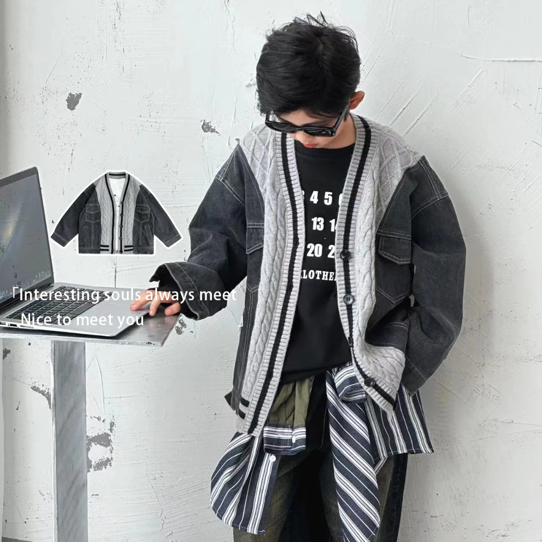 【白日梦想家】若大王X毛衣拼接儿童秋童装牛仔外套 QY-BK177