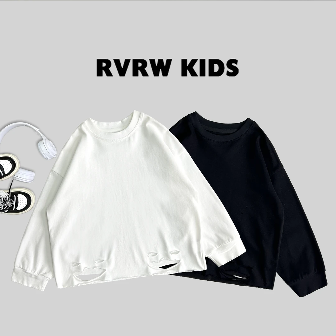 【小白小黑吖】潮流款纯色割破笑脸圆领童装T恤 CY-LL091