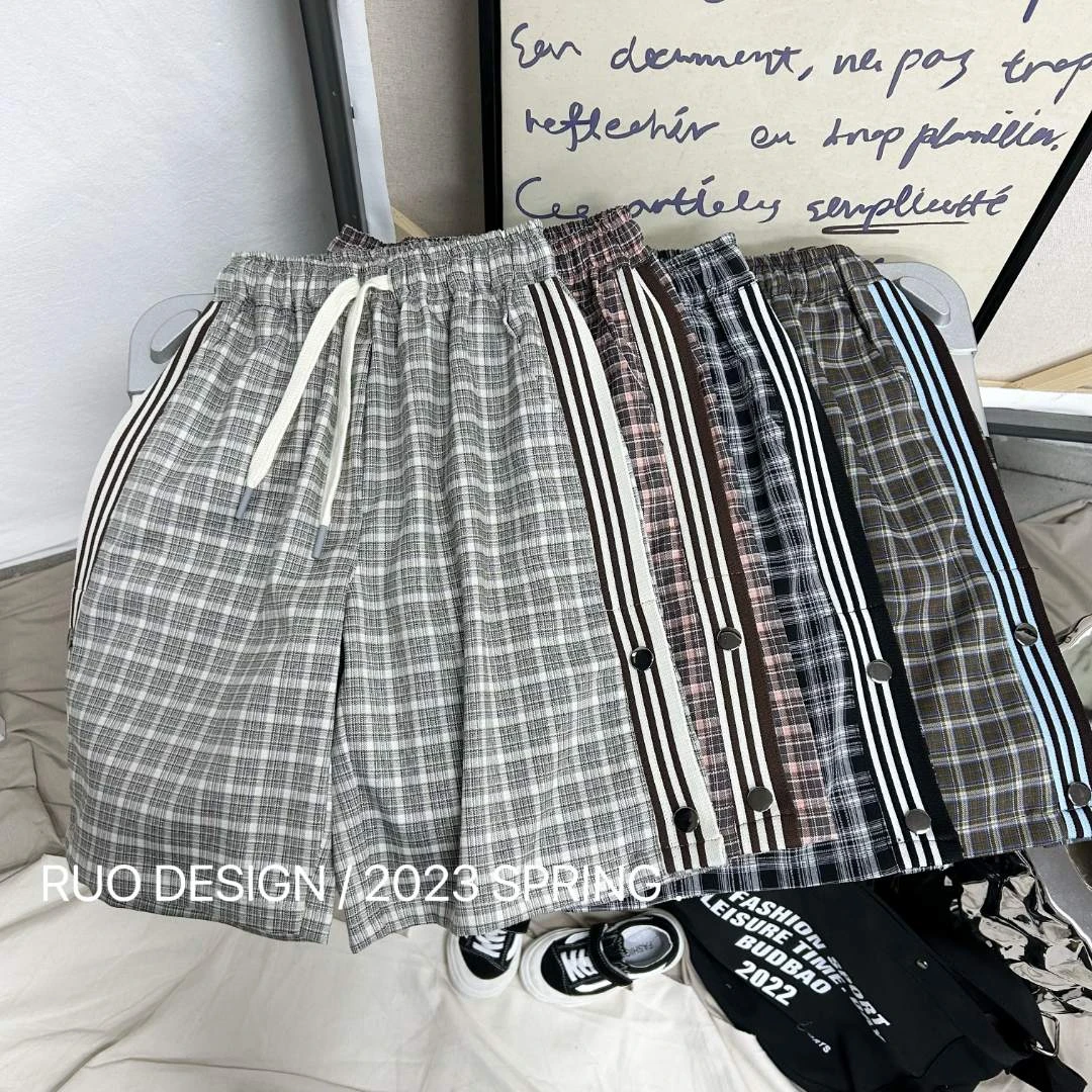 萌娃暑期穿搭若大王格子侧边拉条纽扣时尚夏款童装短裤 XK-JT018