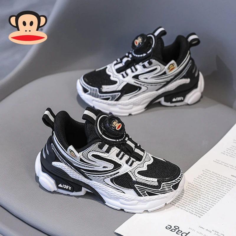 大嘴猴潮款儿童老爹鞋6-12岁男童纽扣运动鞋2024春秋季软底网面鞋