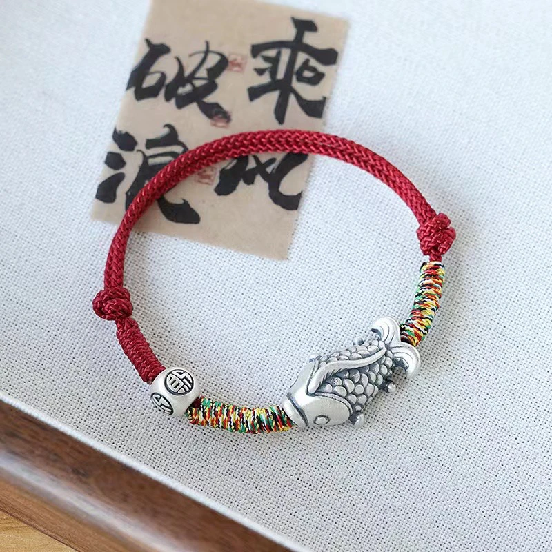 足银手链 足银999复古锦鲤上岸编绳手链