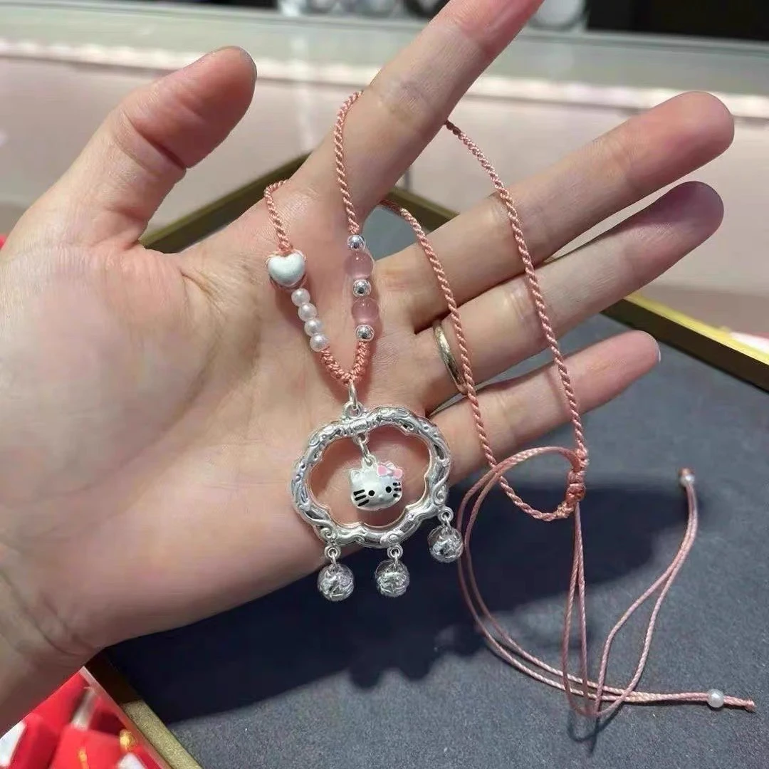 吊坠足银 足银999kt猫平安锁凯蒂猫编绳项链