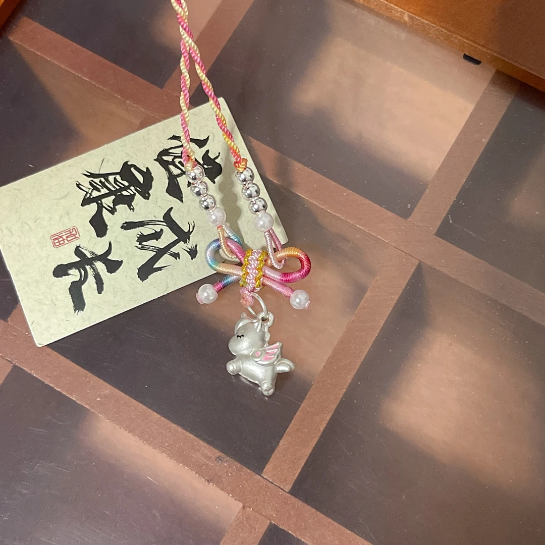 坠链均足银 足银999独角兽吊坠项链纯银小马隔珠套链女生儿童礼物