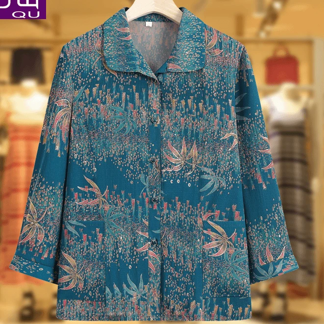 中老年人女妈妈夏装2024新款长袖花衬衫奶奶洋气老人夏款衣服