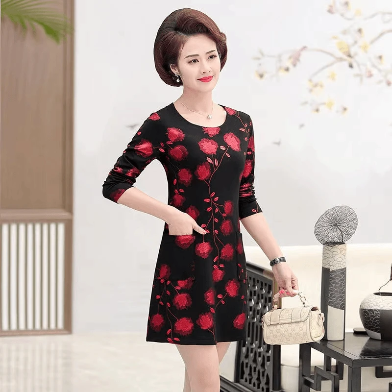 076春秋连衣裙长袖中年妈妈装显瘦打底衫中长款韩版A2-4-1