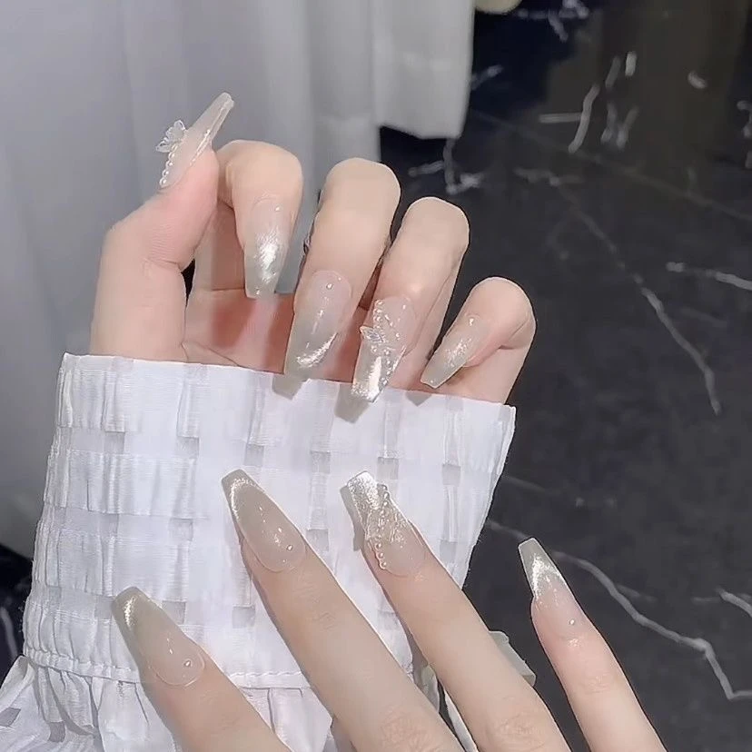 【冰蝶白沙】猫眼手工穿戴甲蝴蝶结显白法式美甲指甲贴成品高级感