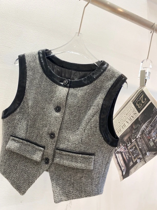 Tsuen荃壹 “园游会 ”拼皮圆领毛呢马甲