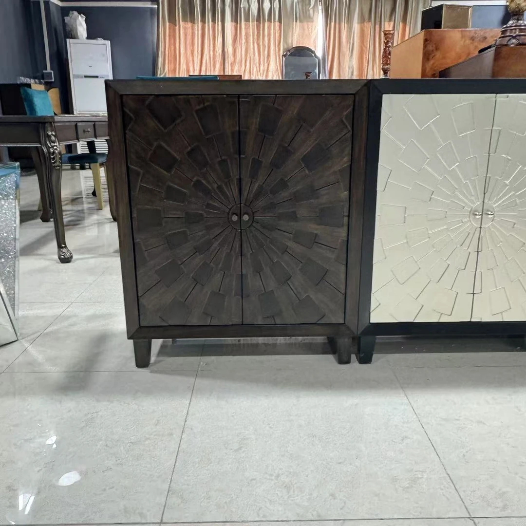 浮雕拼色黑银 美式轻奢新中式古典双门雕花矮柜双门柜玄关柜