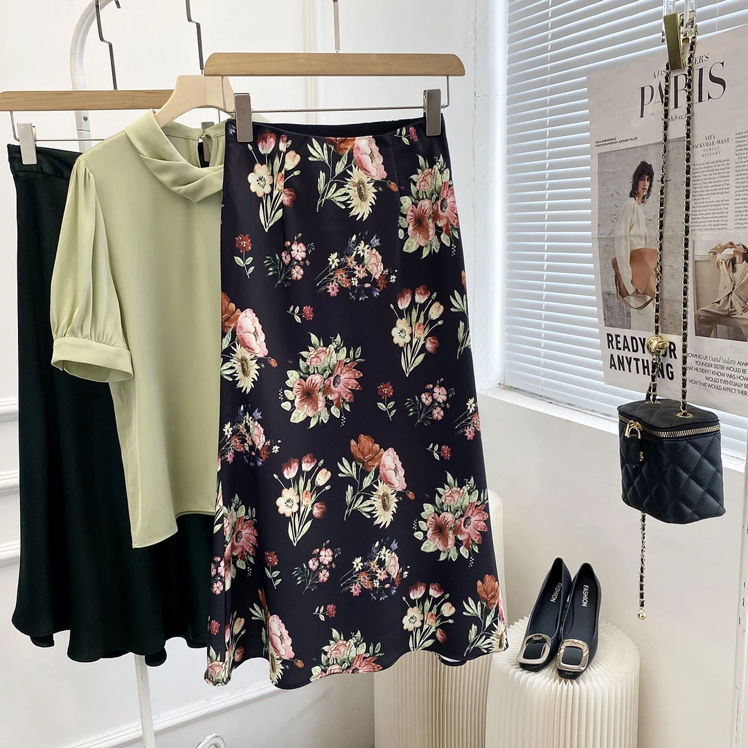 夏女士半身裙裙子高腰大摆a字复古印花中长款显瘦OL通勤气质半裙