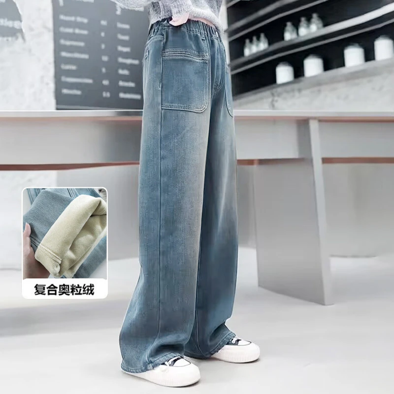 女童加绒加厚牛仔裤新款洋气女大童年装一体绒直筒裤显瘦款