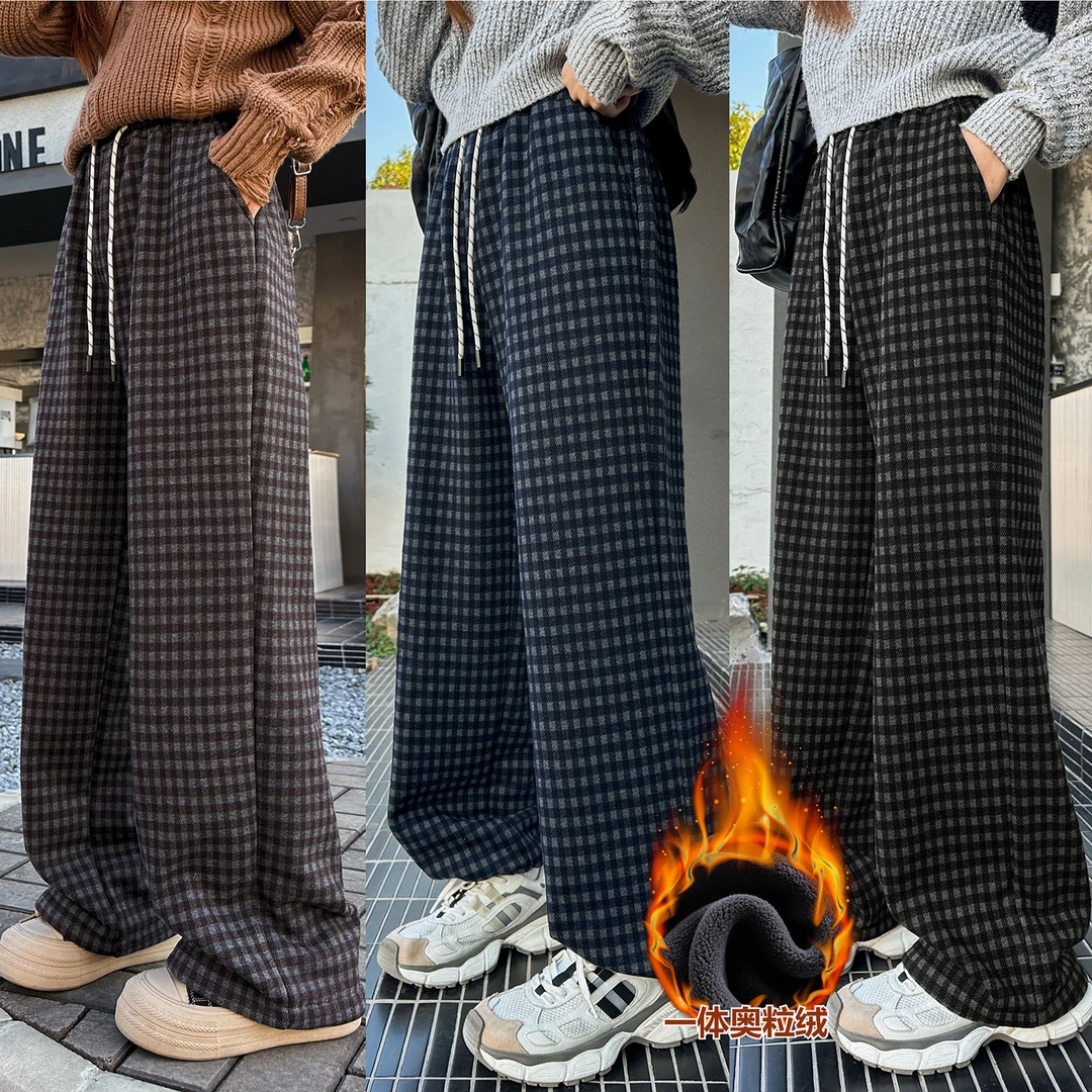 【现货复古小格】加绒窄版女大童加厚阔腿裤冬季2024新款初中生裤子