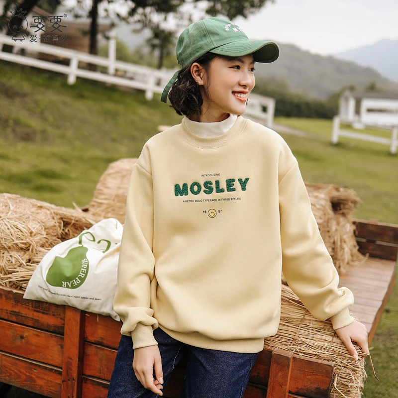 现货女童加绒卫衣秋冬新款洋气初中生加厚女大童一体绒上衣冬季