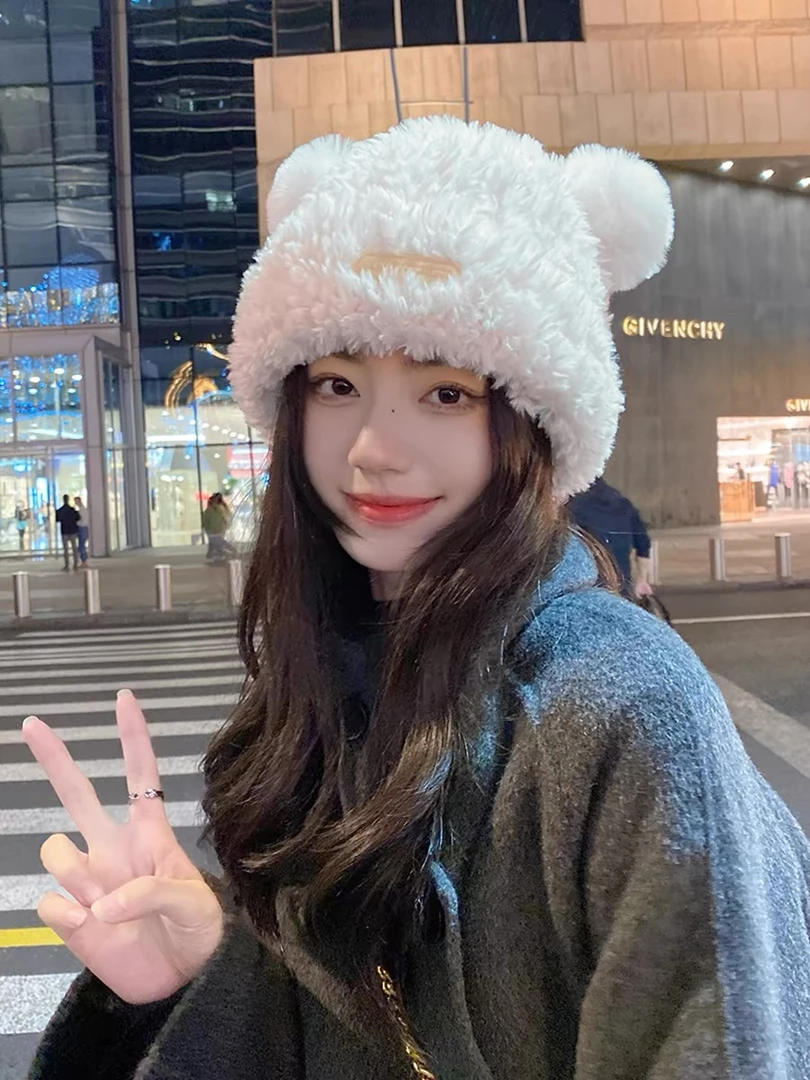 帽子冬天针织款渔夫帽加绒贝雷帽加厚毛绒防寒保暖帽毛毛堆堆帽