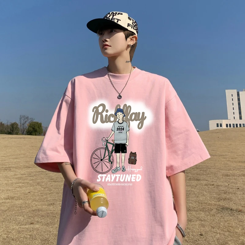 霄桂姿夏季新款印花纯棉T恤宽松大码重磅潮流短袖男运动舒适上衣